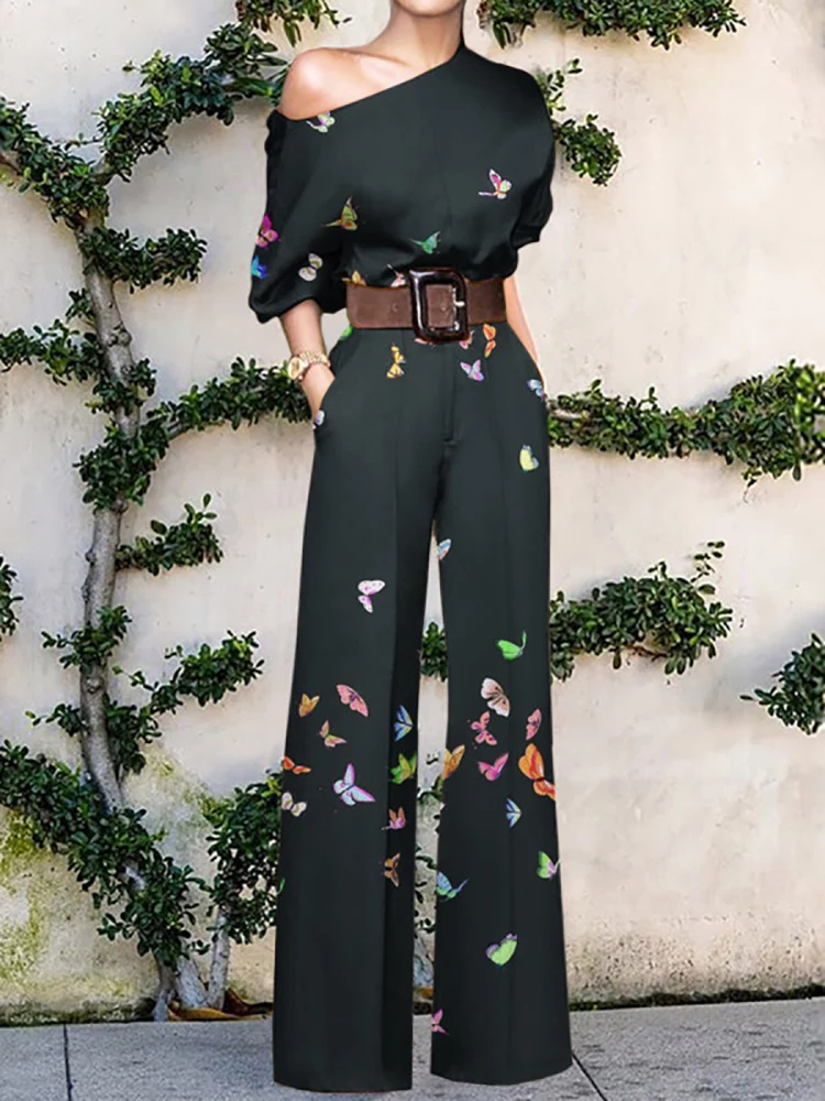 Office Lady Sexy Off Shoulder Jumpsuits Summer Elegant Romper Print Party Women Fashion Wide Leg Pant Overalls Business Playsuit