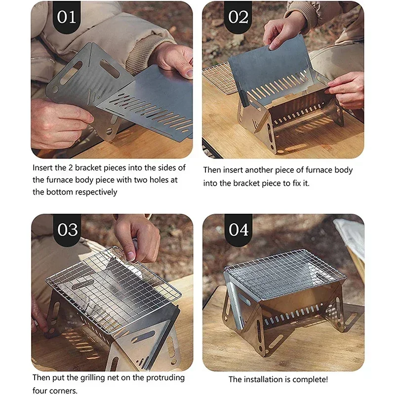 Portable Folding Barbecue Grill Heating Stoves Multifunction Camping BBQ Grill Rack Net Firewood Stove Stainless steel BBQ Grill 5