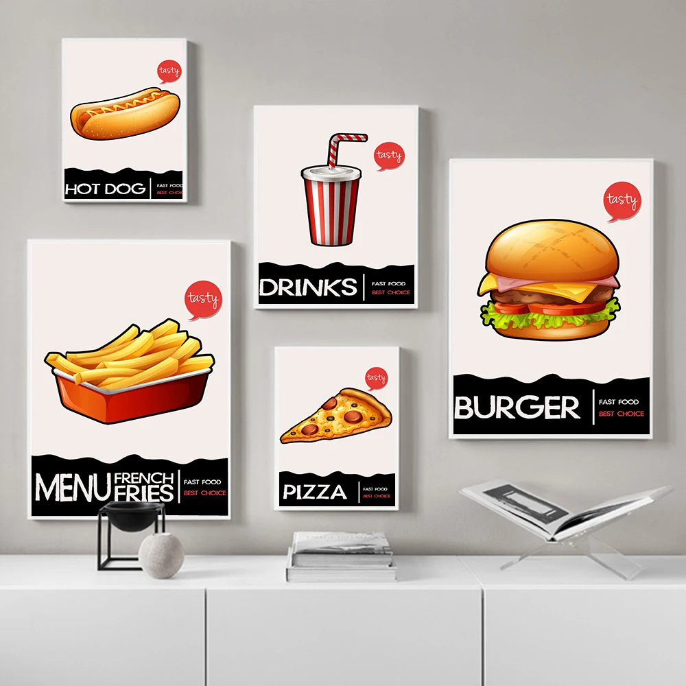 

Fast Food Pizza French Fries Hot Dog Art Print Canvas Pictures Burger Drinks Poster Restaurant Kitchen Wall Painting Home Decor