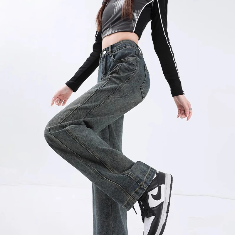 Cement gray straight jeans female spring and autumn new high-waisted loose thin versatile drape drag wide-leg pants tide
