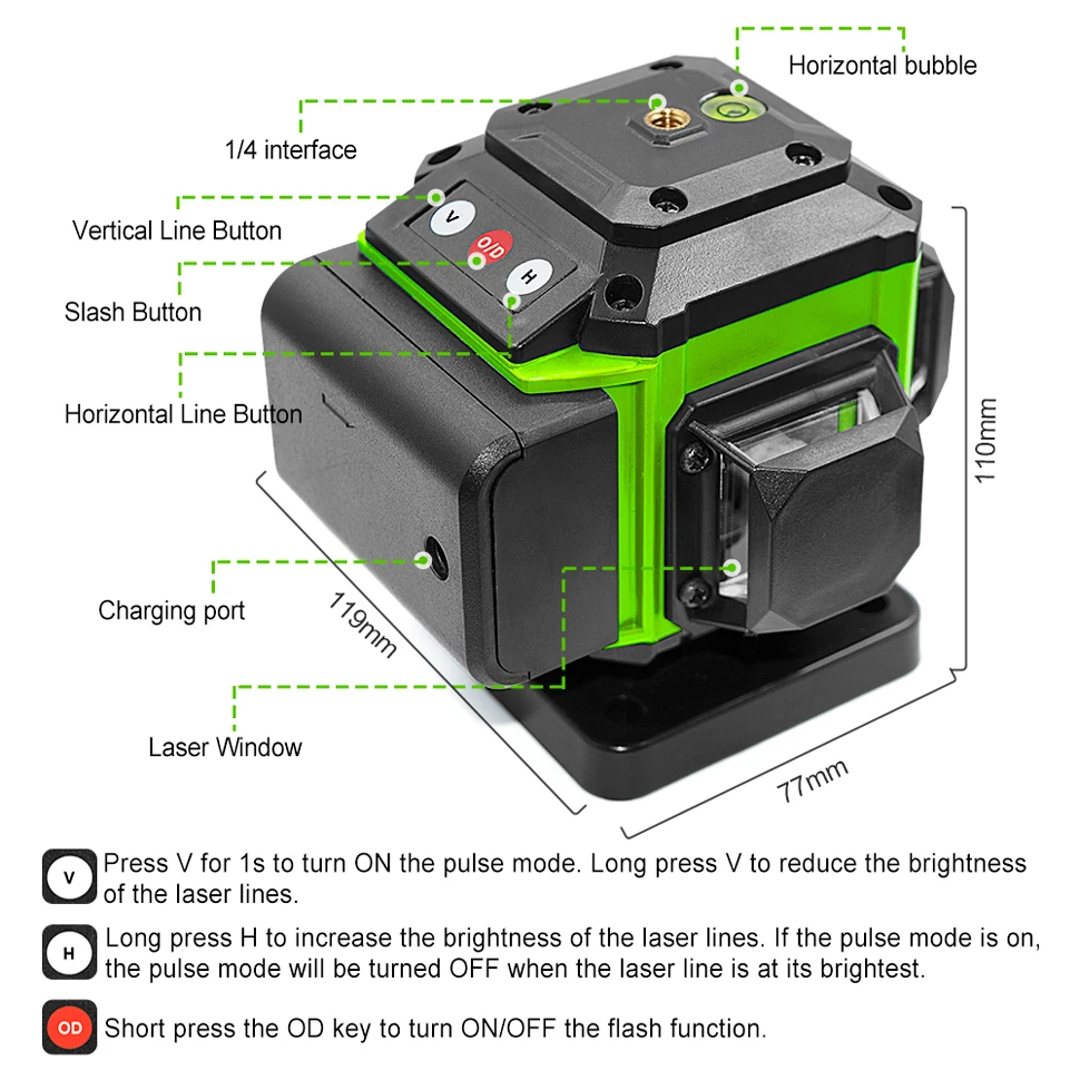 Laser Level 16/12 lines Self-leveling Remote Control Outdoor Mode-Receiver Auto 3x360 Green beam