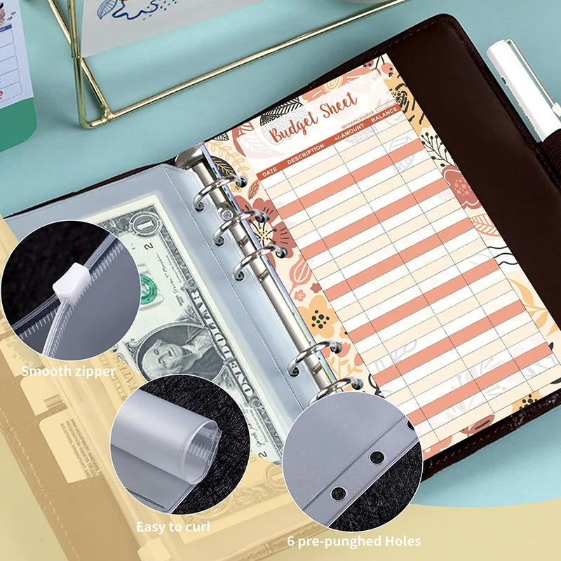 A6 PU-Leder-Budgetordner mit Geldumschlägen, Taschen, Reißverschluss, kleiner französischer Budgetbeutel-Ordner zum Geldsparen, Planer-Organizer – Detail 20