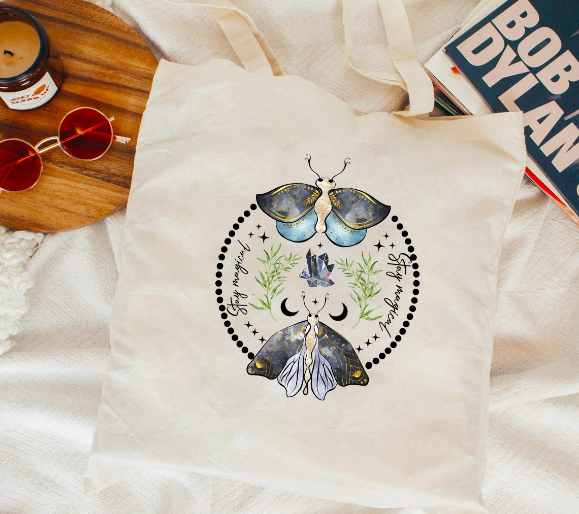 

Stay Magical canvas tote bag Gothic women witchy moth magic shopping bags