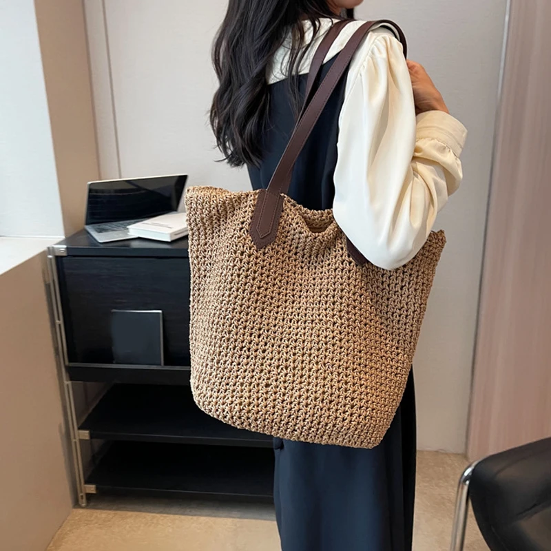 Women Shouder Bag Bohemian Straw Handbag Summer Beach Woven Underarm Bag Large Casual Knitted Bag Crochet Tote Bag