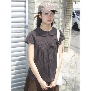 Vintage Plaid Shirts Women Japanese Harajuku Bow Peter Pan Collar Blouses Summer Korean Aesthetic Short Sleeve Casual Tops New 1