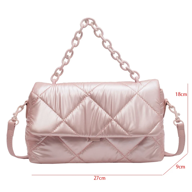 Women Nylon Shoulder Bag Design Space Cotton Padded Messenger Bag Solid  Color Fashion Grid Pleated Quilted Cotton Padded Bag