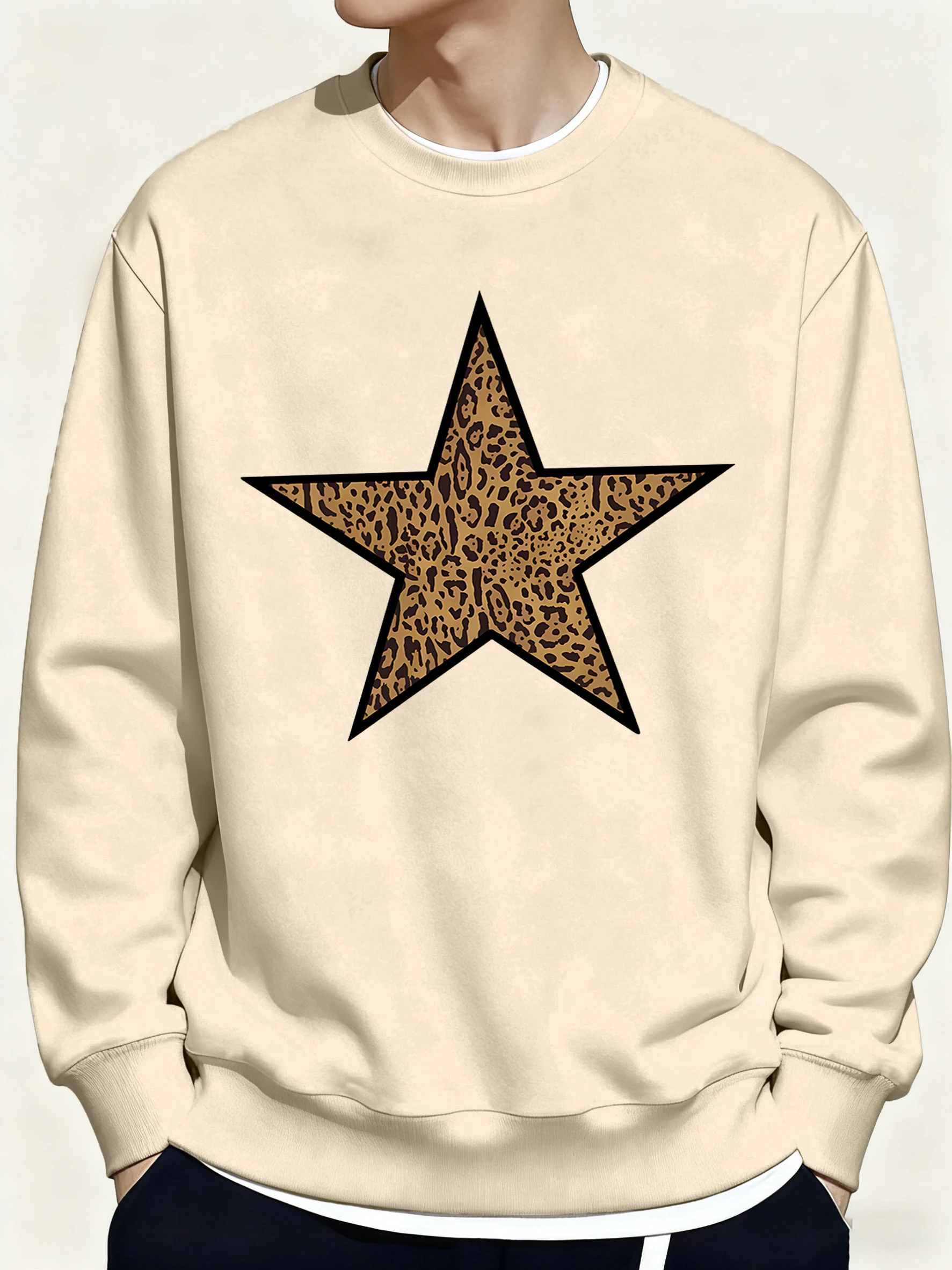 Sweat-shirt à col ras du cou pour homme, vêtement doux, imprimé léopard et étoile, Hip Hop, à la mode, quotidien, assorti avec tout, Sport