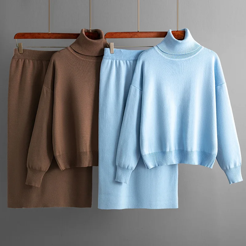 

Solid color high neck sweater, half body, buttocks wrapped skirt, two-piece set, new autumn and winter knitted set, women
