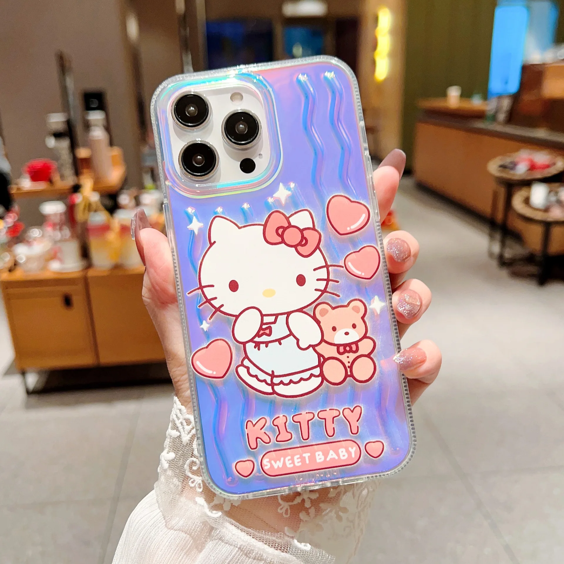 

iPhone11/12/13/14pro max Kawaii Sanrio KT Mymelody Kuromi Cinnamoroll Pompom Purin Laser Cartoon Phone Case Anti-fall Cover