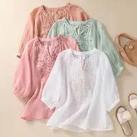 Cotton Linen Flower Embroidery Shirt Women Three Quarter Sleeves V Neck  Casual Blouse Loose Solid Color Mother Blouse Women Top 1
