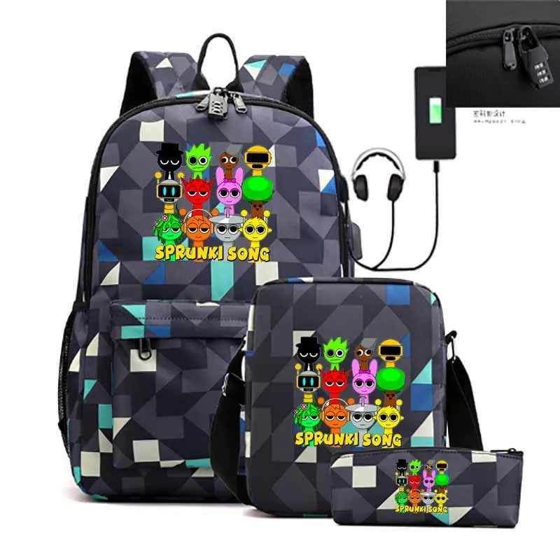 Spunki Backpacks 3pcs Simple Lightweight Capacity Teens Laptop School Bags Women Men Travel Fashion USB An-ti Lock Mochila 2