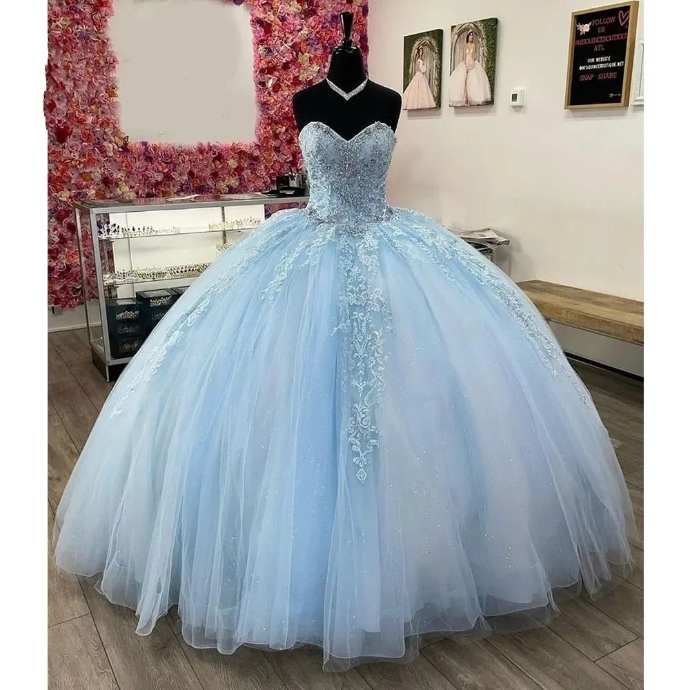 

Glittering Light Blue Sweetheart Princess Quinceanera Dresses Vestidos De 15 Anos Appliques Party Cinderella Birthday Ball Gown