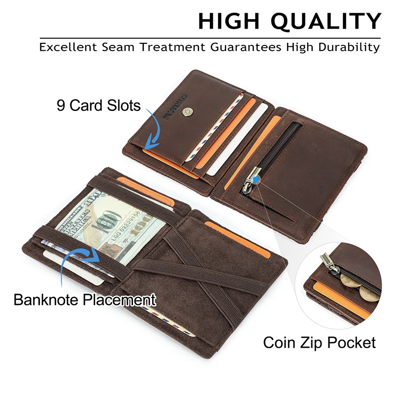 CONTACT'S Genuine Leather Card Holder Magic Wallet Slim Bifold RFID Male Small Wallets Zipper Coin Pocket Mini Purse Money Clip