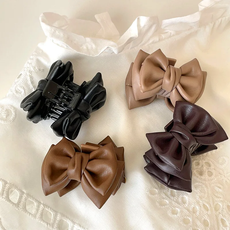 

French Sweet Leather Bow Hair Clip Advanced Simple Pu Leather Everything With Solid Color Small Size Fringe Hair Accessories