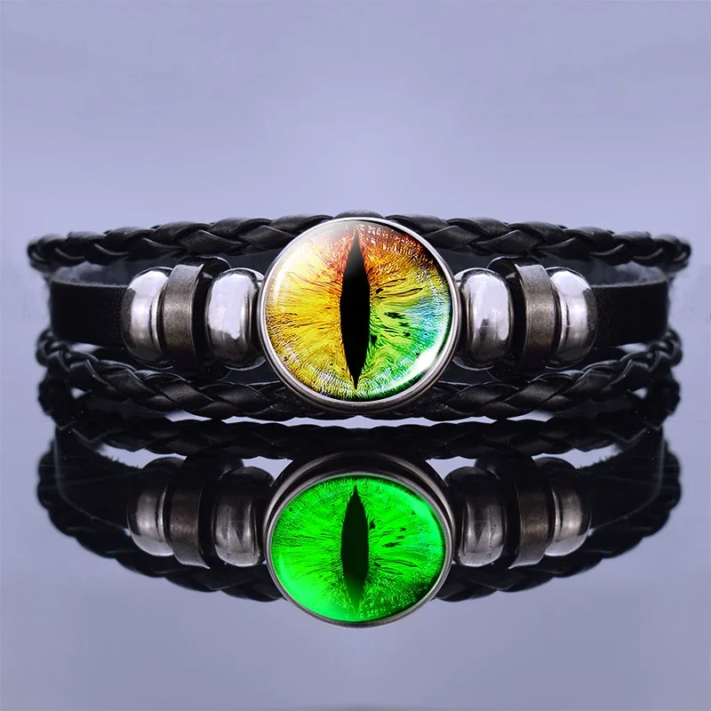 Luminous Dragon Eye Evil Blue Eye Glass Dome Leather Braided Bracelet Leather Bracelet Faux Leather Bracer Fashion Steampunk Bangle Jewelry for Women Men