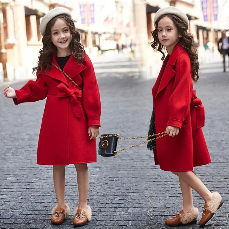 

Children's coat, girls' autumn and winter new mid length hidden button woolen coat with waistband for slimming