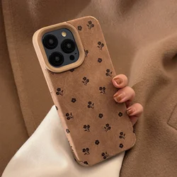 Retro Flowers Suede Leather Art Phone Case - Cute Luxury Cartoon Cover - iPhone 14 (01)
