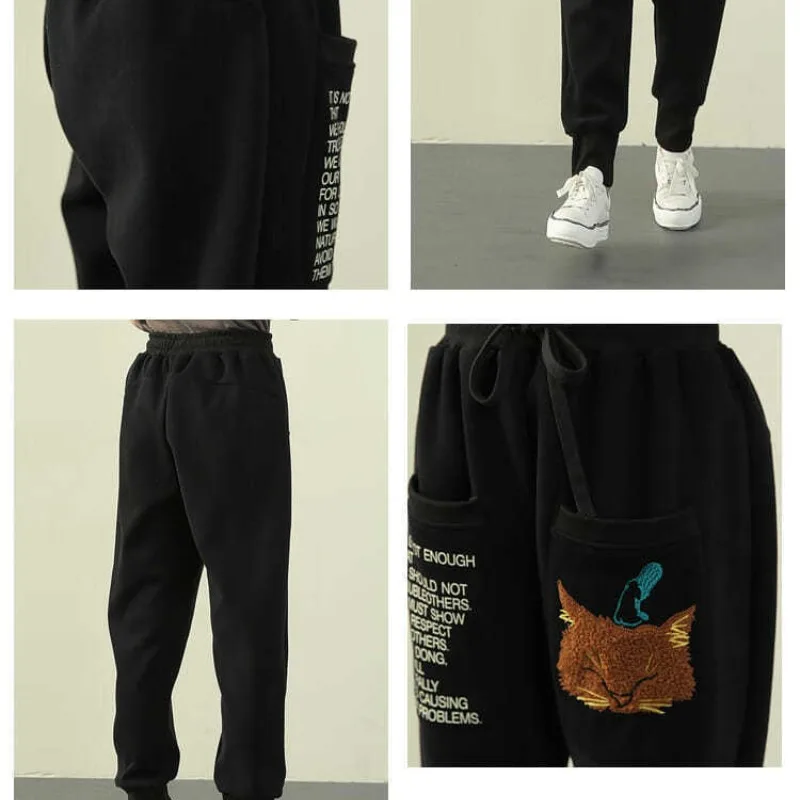 Autumn Winter Women's Solid Pockets with Elastic Waist Drawstring Letters Printed Cartoon Flocked Harlan Trousers Casual Pants