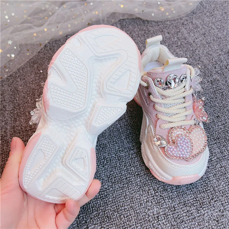 Kids Girls Sneakers Spring Casual Running Sports Trainers Breathable Flats Pearl Diamond