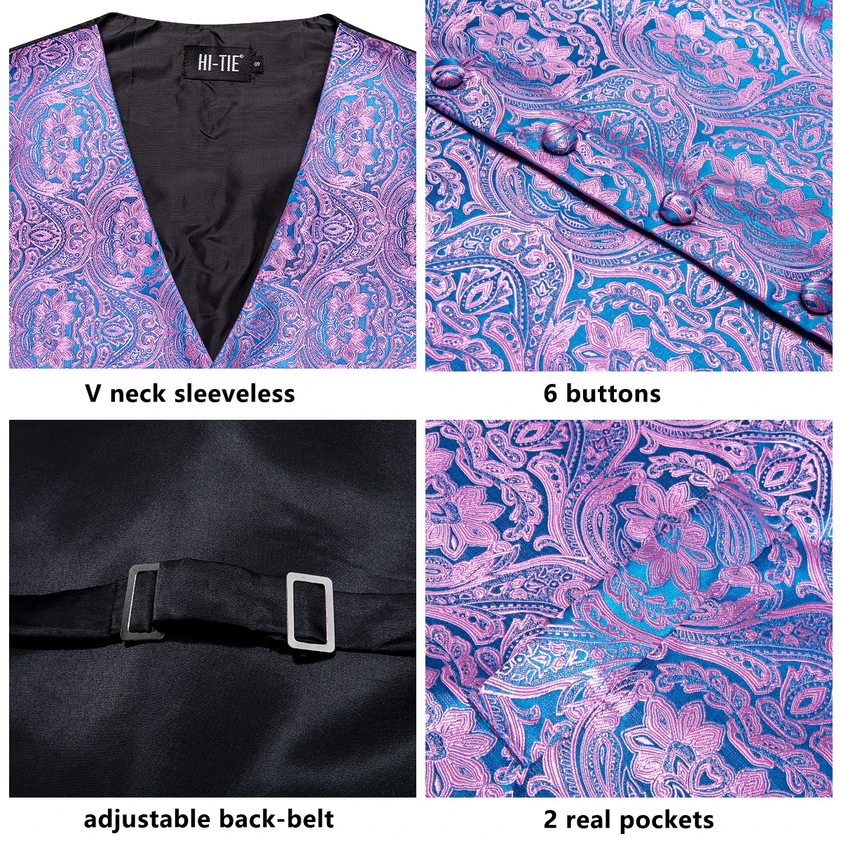 Wedding Purple Silk Men Vest Paisley Slim Fit Necktie Hankerchief Cufflinks Sets Male Sleeveless V-Neck Waistcoat Party Hi-Tie 5