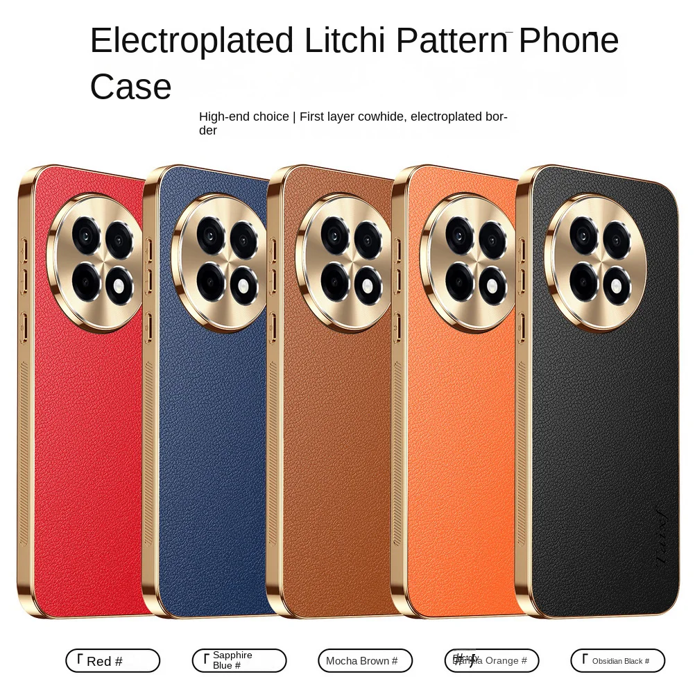 Premium Cowhide Lychee Texture Electroplated Frame Case with Lens Protection