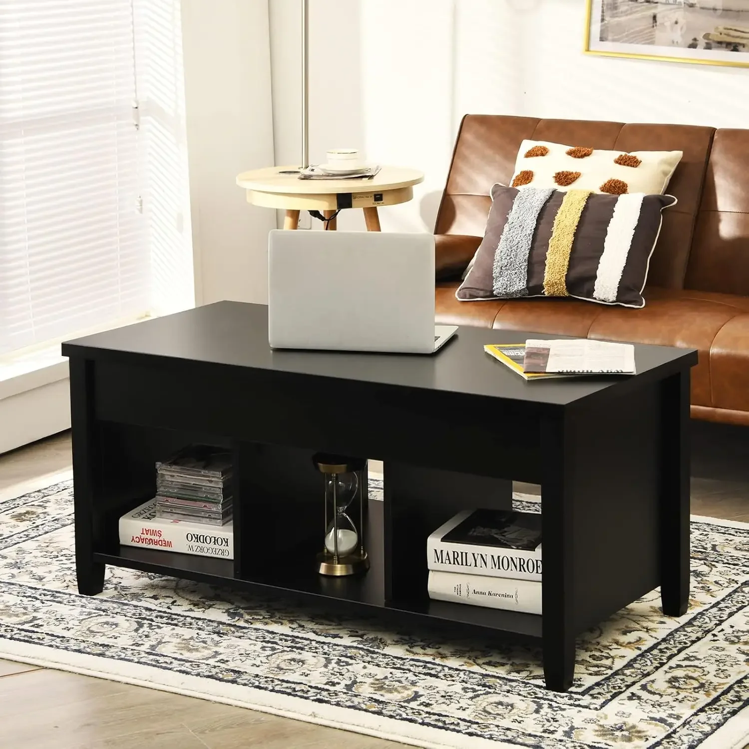 Wood Lift Top Modern Coffee Table w/Hidden Compartment and Open Storage Shelf for Living Room Office Reception Room (Black) 2
