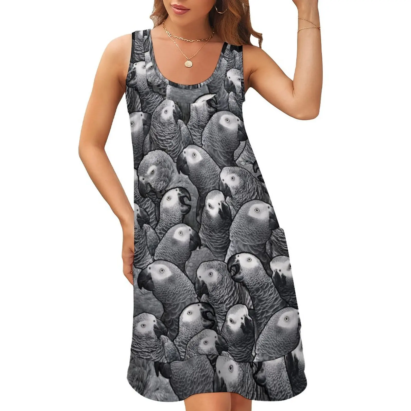 

African Grey Parrot Pattern Sleeveless U-Neck Fake Two Piece Dress purple dress cocktail dresses elegant women's sets