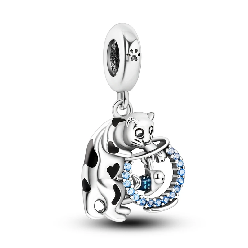 

Beautiful 925 Sterling Silver Love Cat Catch Fish & Fish Tank Triple Charm Fit Pandora Bracelet & Necklace Women's Jewelry