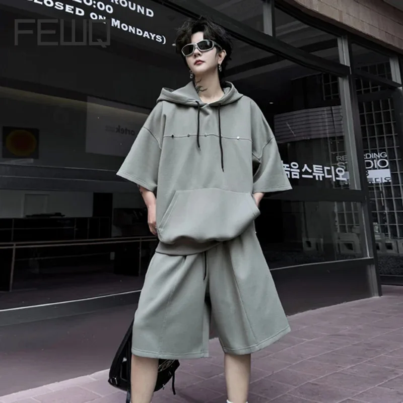 

FEWQ Summer New Trendy Suit Hooded Sweatshirt Elastic Waist Shorts Men's Two-piece Set Rivet Short Sleeve Casual Sport 28W3276