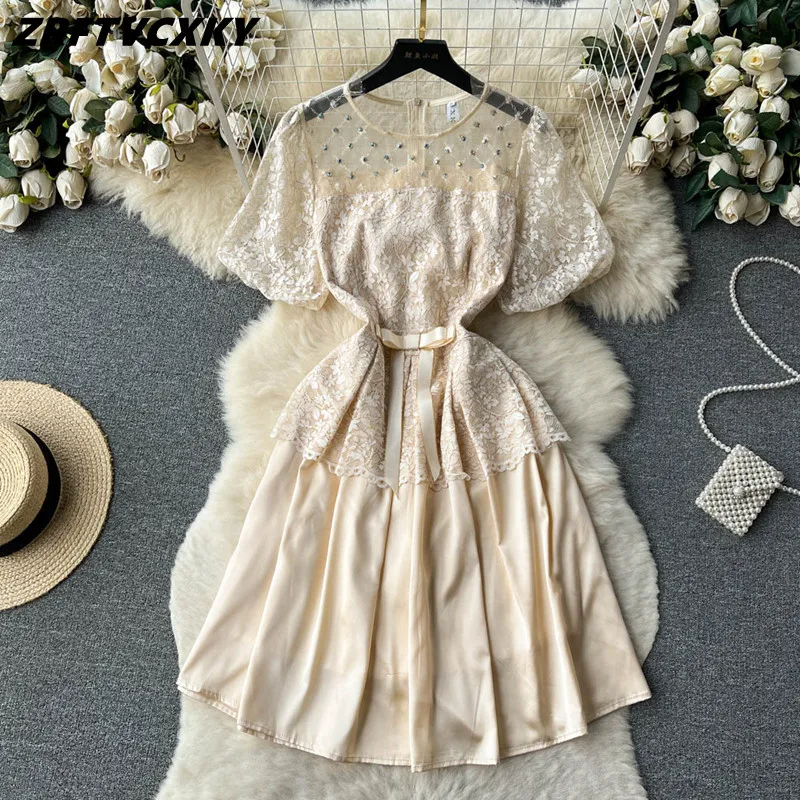 

Designer Fashion Diamond Summer Women Party Dress Runway Vintage Mesh Stitching Lace Flower Embroidery Elegant Mini Dresses