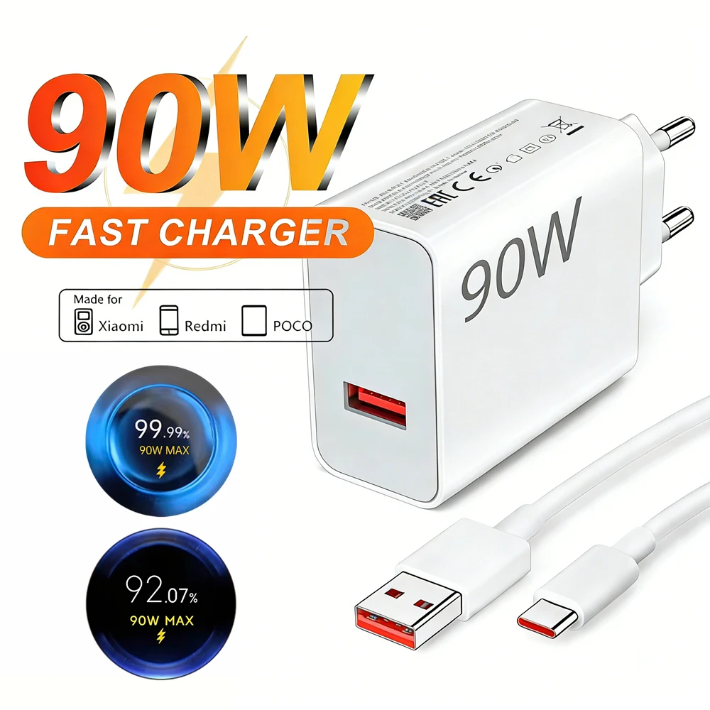 Carregador Super Rápido de 90W EU para Xiaomi 13 14 15 Ultra 15T 17 Pro Redmi Note 14 Pro POCO F6 F7 X7 Pro Cabo USB Tipo C com Carregamento Rápido