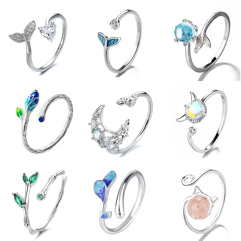 Finger Ring Whale Tale Mermaid Moon Stone For Women Jewelry Gift