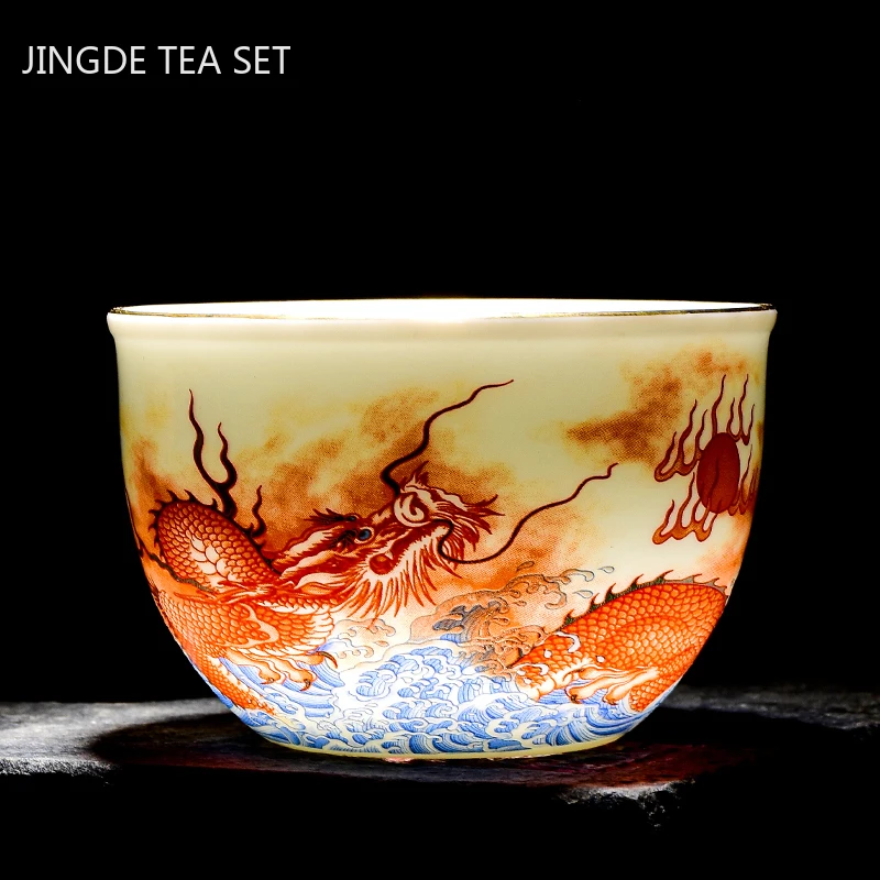 2Pcs High Quality Ceramic Teacup Enamel Color Dragon and Phoenix Pattern Tea Cup Boutique Individual Single Cup Tea Set Supplies