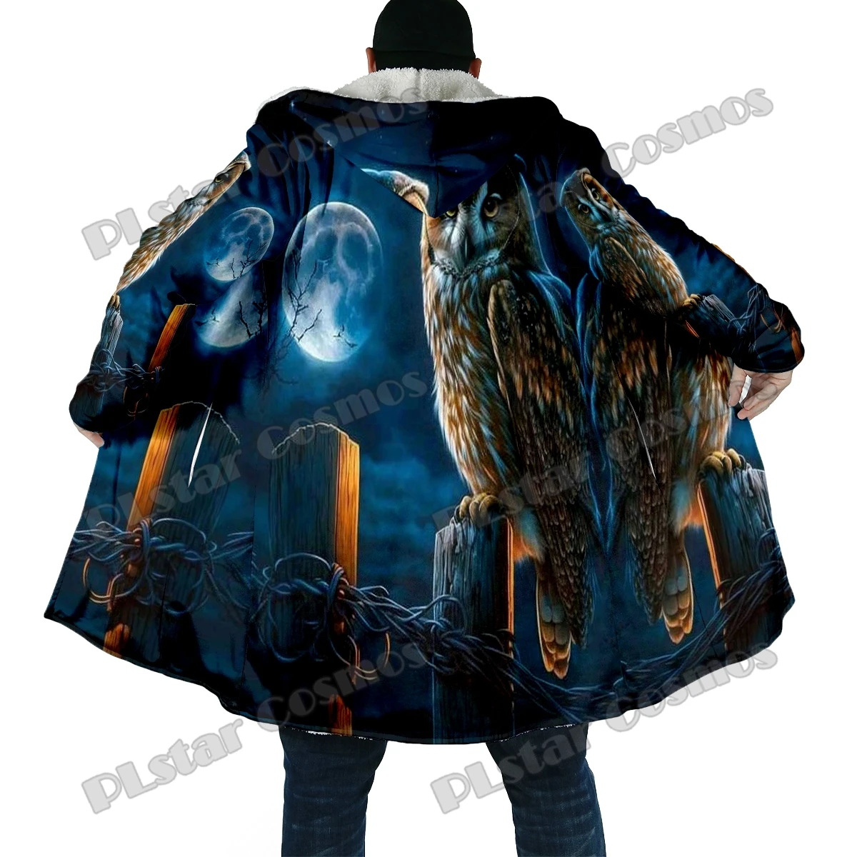 Winter Fashion Men's cloak Halloween Owl Moon Pattern 3D Printed Thick Fleece Hooded Cloak Unisex Casual Warm Cape Coat DP63