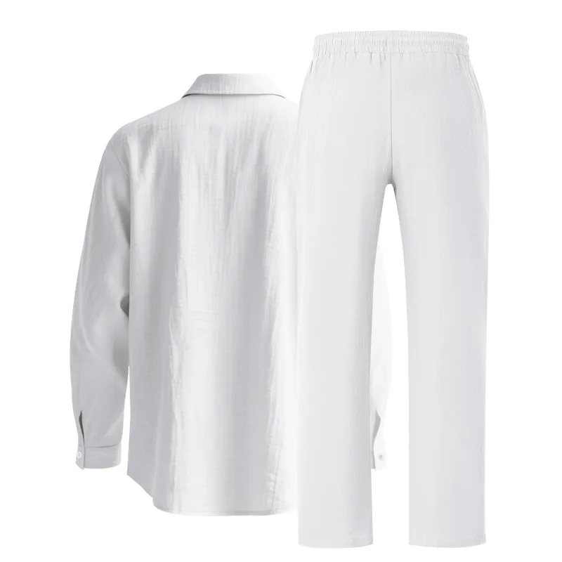 Men's Autumn Loose Trend Linen Solid Color Simple Lapel Long-Sleeved Shirt Beach Trousers Set