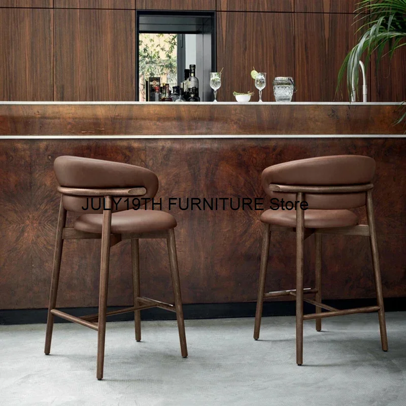 Nordic Light Solid Wood Bar Chairs Modern Home Kitchen High Bar Stools Designer Fabric Backrest Stools for Furniture bar chairs