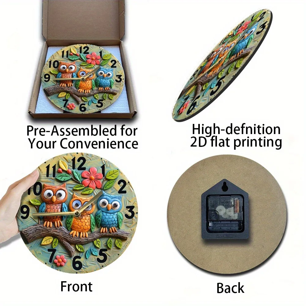 Wooden wall clock with cute owl patterns, perfect for home decor. Requires AA batteries 3