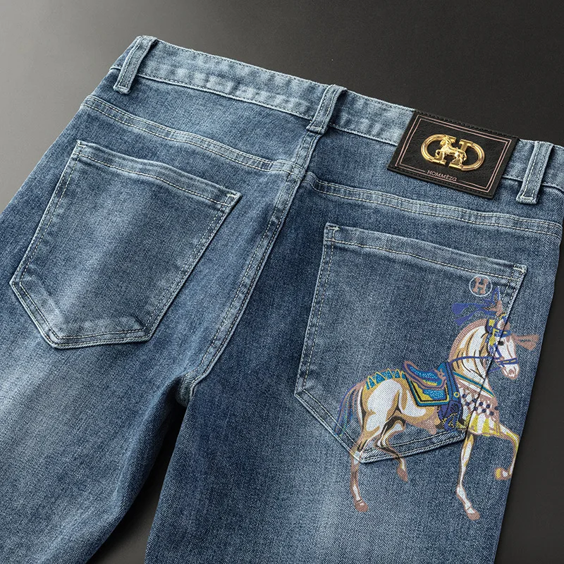Autumn Winter Slim-Fitting Jeans for Men Ankle-Tied Cotton Elastic Korean 3D Printing Horse-Drawn Tram Embroidery Denim Pants 3