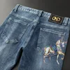Autumn Winter Slim-Fitting Jeans for Men Ankle-Tied Cotton Elastic Korean 3D Printing Horse-Drawn Tram Embroidery Denim Pants 3