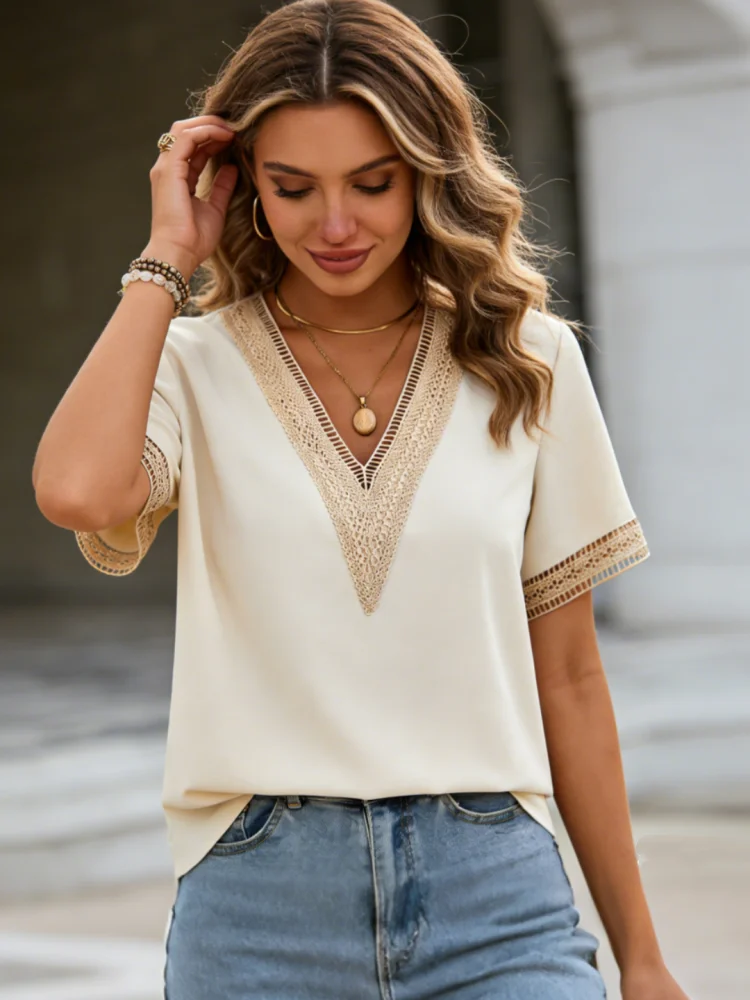 Elegant Chiffon V Neck Short Sleeve Blouse for Women