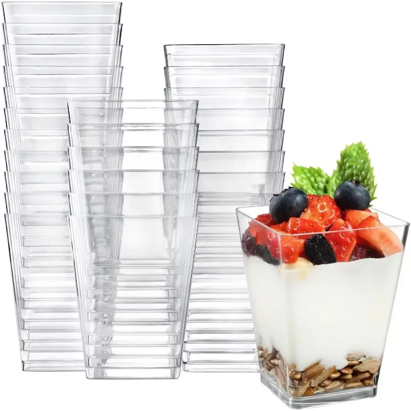 Disposable plastic mousse cups clear ladder square pudding jelly cups rigid dessert stand wood bran yoghurt airline 10/20pc snack drink cup