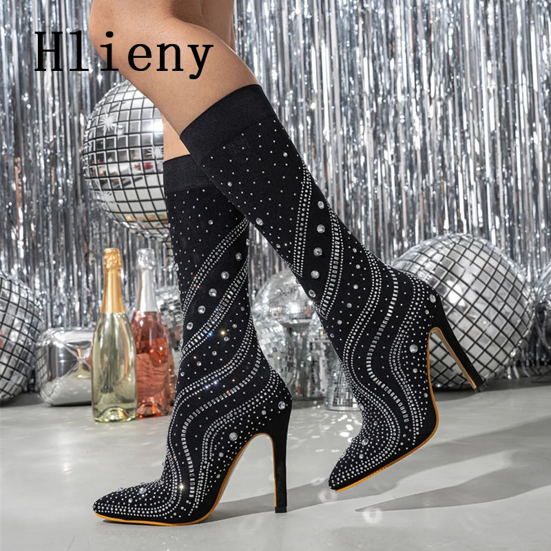 

Hlieny Fashion Sexy Crystal Woman Ankle Boots Thin High Heels Rhinestone Stretch Fabric Mid-Calf Pointed Toe Stiletto Party Shoe