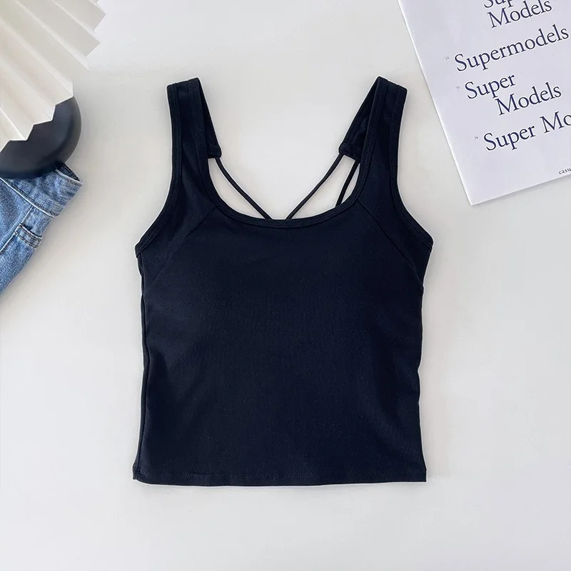 Solid Tank Top for Women Cross-sling Short Vest Sports Tank with Built in Bra One-piece Sleeveless Slim Fashion Crop Top Female
