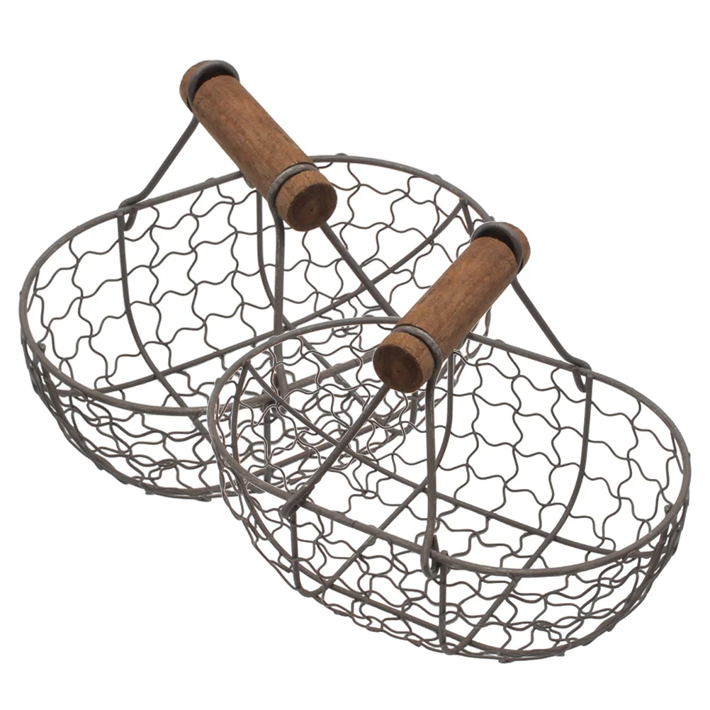 

Metal Wire Storage Basket Hollow Iron Fruit Basket Bread Storage Holder Egg Basket With Wooden Handle For Kitchen