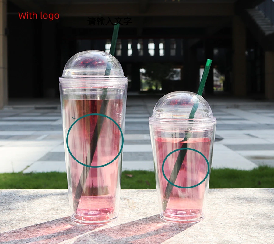 

2023 New flat lid 710ml 24oz clear plastic double wall tumbler cup with straw with black green lid coffee mugs