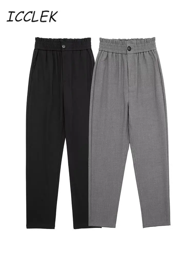 

Брюки-султанки Icclek женские с высокой талией, серые прямые штаны с эластичным поясом, повседневные свободные зимние брюки, осень 2022