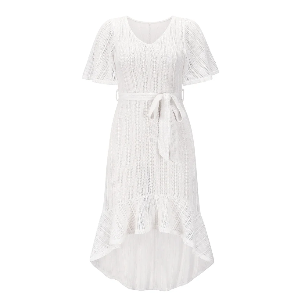 

Summer See-Through Bikini Layered Dress With Blouse For Women Short Sleeve V-Neck Hollow Process Chic And Elegant Frock