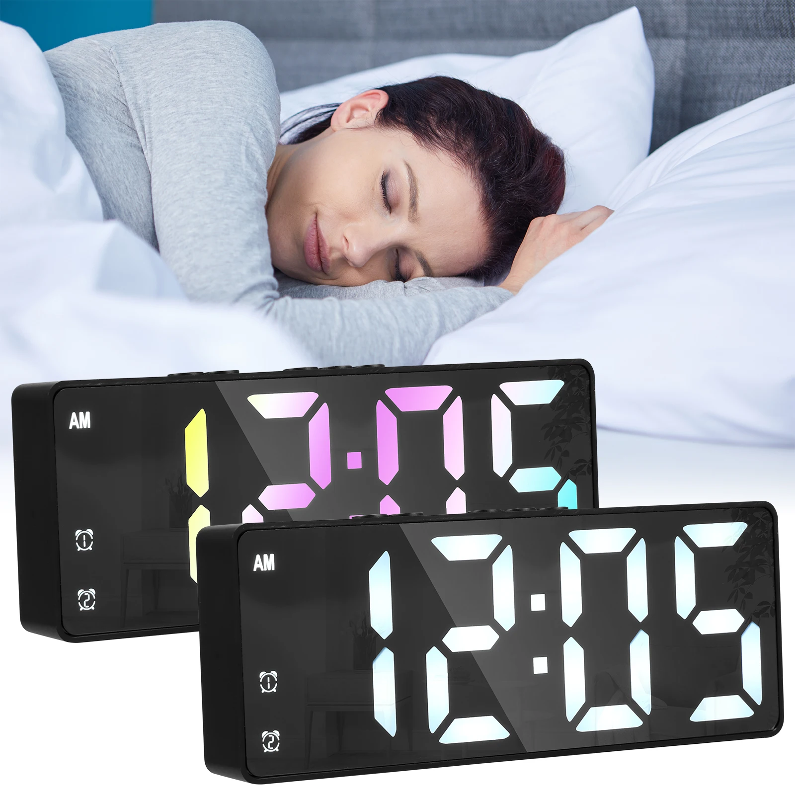 디지털 알람 시계, 다채로운 LED 알람 시계, USB/배터리 작동 책상 시계, 듀얼 알람, 12, 24H 디스플레이, 3 조정 가능