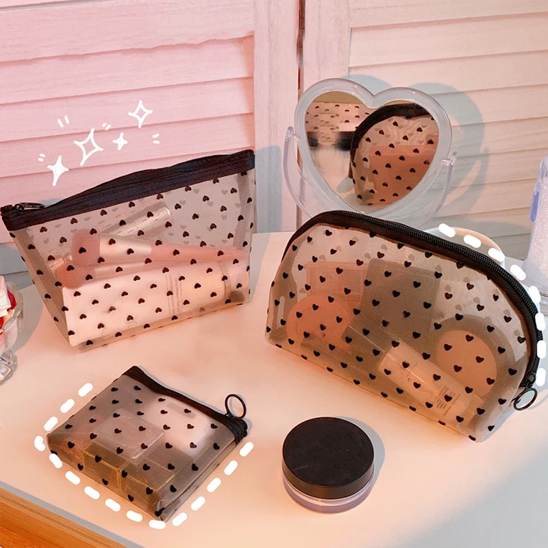 

Women Travel Toiletry Wash Makeup Bag Storage Case New Zipper Make Up Bags Fashion Black Dot Transparent Mesh Cosmetic Bag