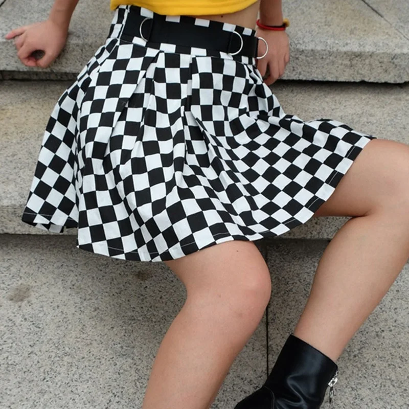 Vintage Plaid Skirts Female Punk Streetwear Short A-line Skirt with Belt Summer Y2k Pleated Mini Skirt Women High Waist Harajuku